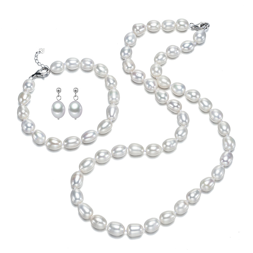 Juego de pendientes y pulsera con collar de perlas reales cultivadas en agua dulce, color blanco arroz AA, 9-10mm