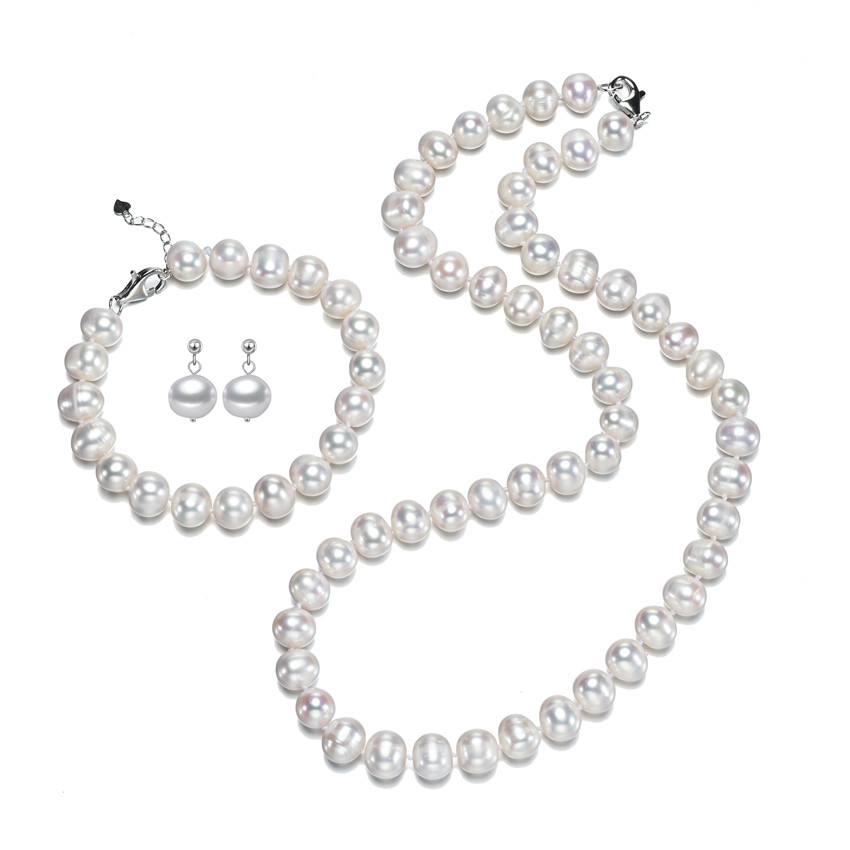 Conjunto de perlas de río dulce natural nupcial blanco con forma de patata AA de 9-10mm