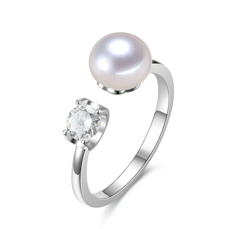 100% 925 Sterling Silver 8-9mm Simple Design Zircon Diamond freshwater Pearls Adjustable Ring