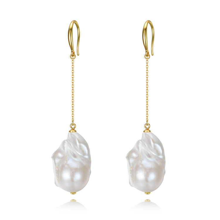 gold plated 925 silver 15mm large size baroque white natural fresh water handmade pearl earrings