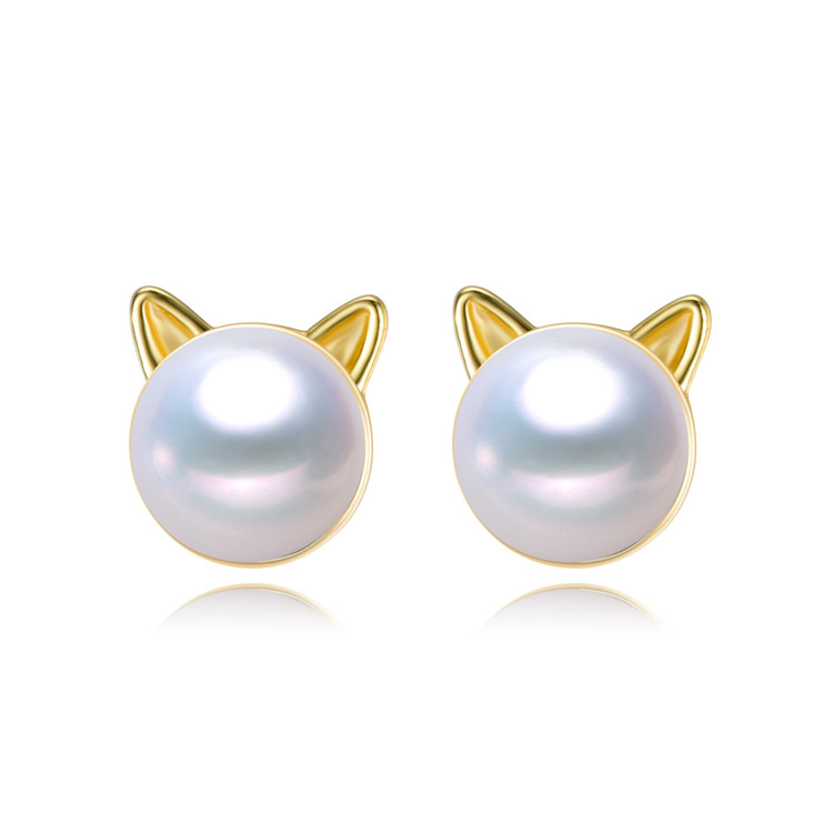 cat shape lovely girls earring stud sterling silver fresh water modern pearl earrings