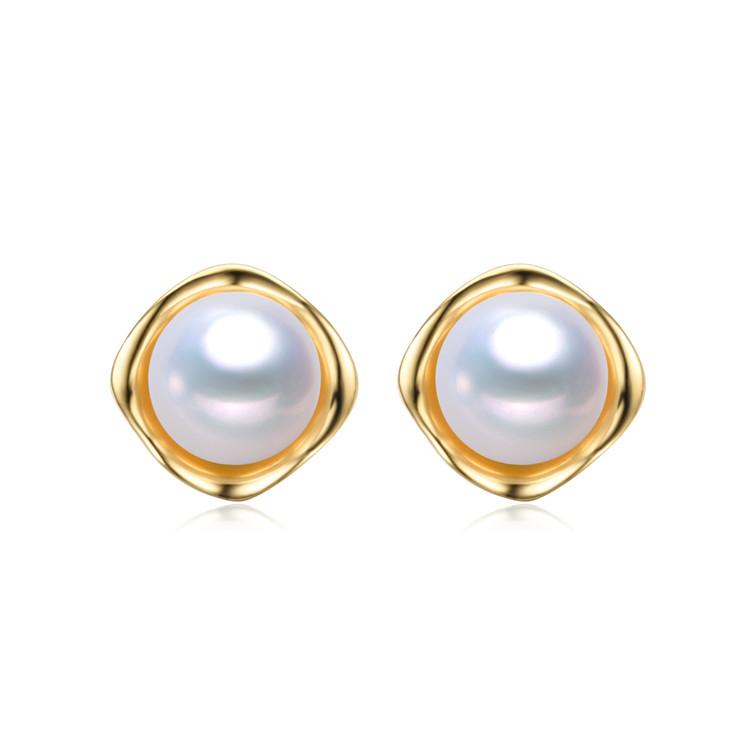 8mm gold plated 925 silver button round real natural white pearl bridal earrings