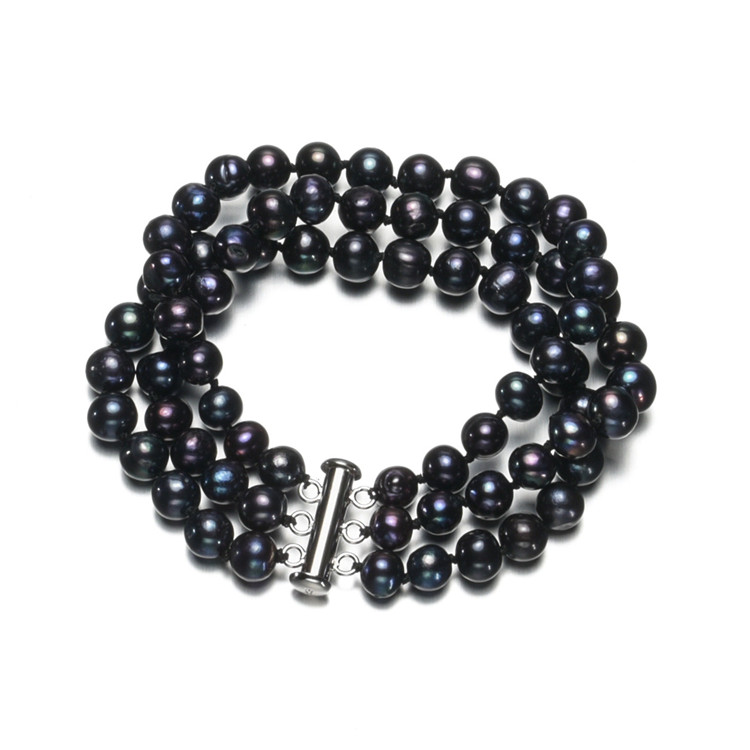 7mm black dyed color three rows natural fresh water pearl bracelet for women