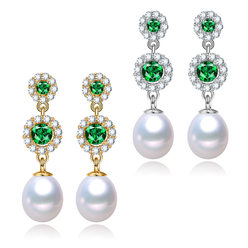 luxury women green gemstone real genuine pearl earrings s925 sterling silver