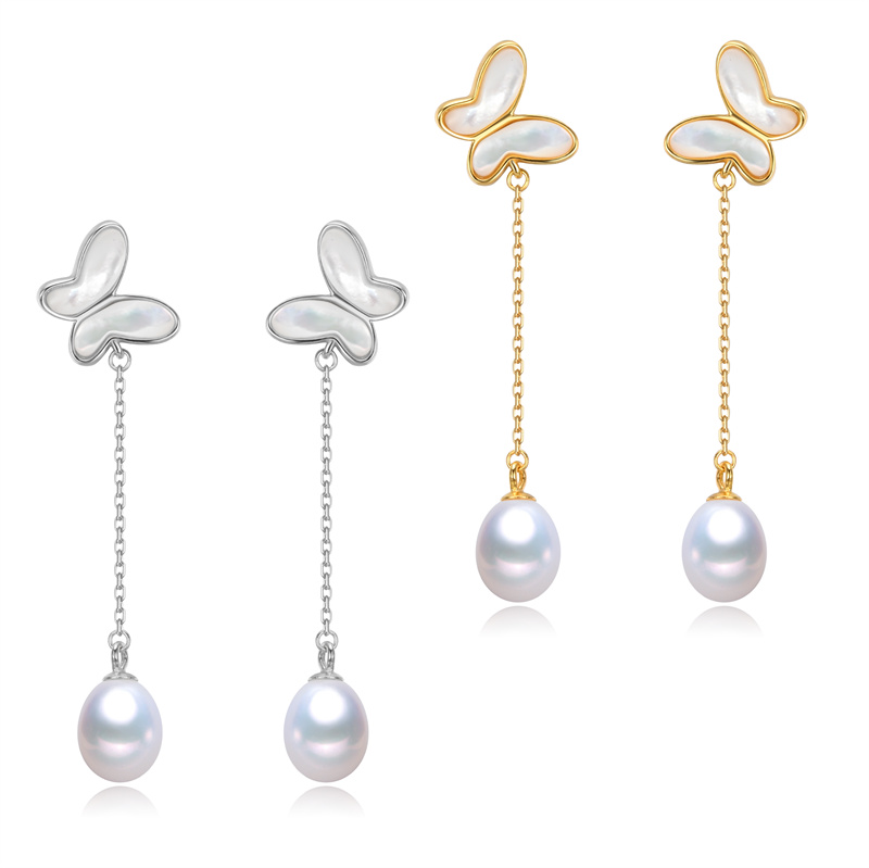 butterfly shape long style new arrival 925 silver genuine cultured pearl stud earrings