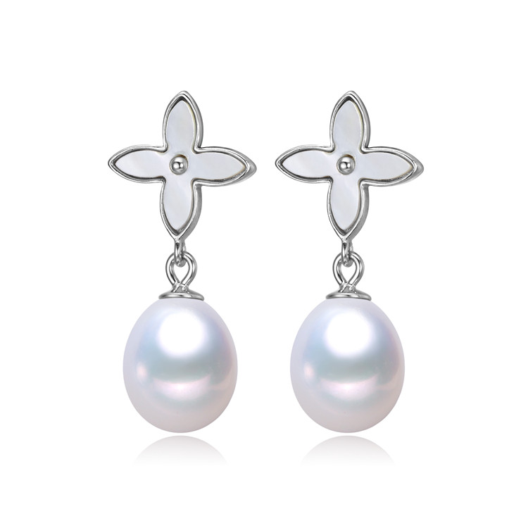 clover flower shape 925 silver beautiful 8mm tear drop waterproof earrings freshwater pearl