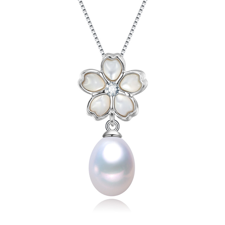 Collar de perlas con colgante auténtico para mujer, accesorio con flores, gota de 8-9mm, nuevo diseño