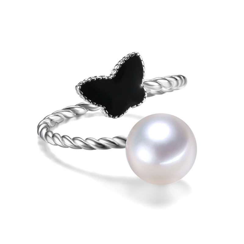 Anillo de perlas naturales de marca de mariposa de lujo con incrustaciones de nácar negro anillo de perlas de agua dulce de tamaño ajustable