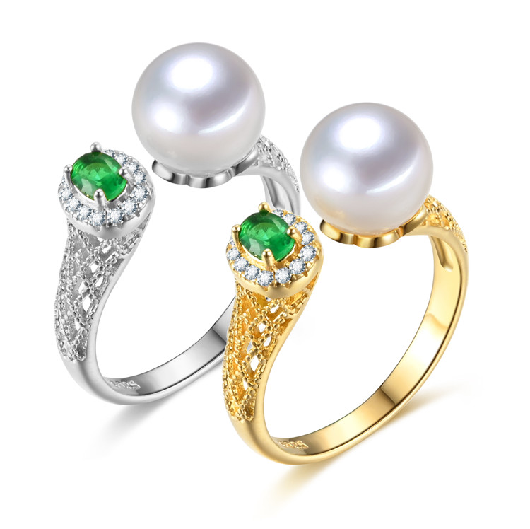green gemstone zircon gold plated open size natural freshwater real antique silver pearl ring