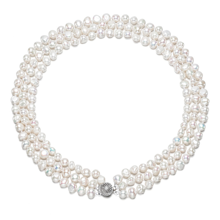 8mm AA baroque irregular fresh water multi rows 925 sterling silver natural triple strand pearl necklace