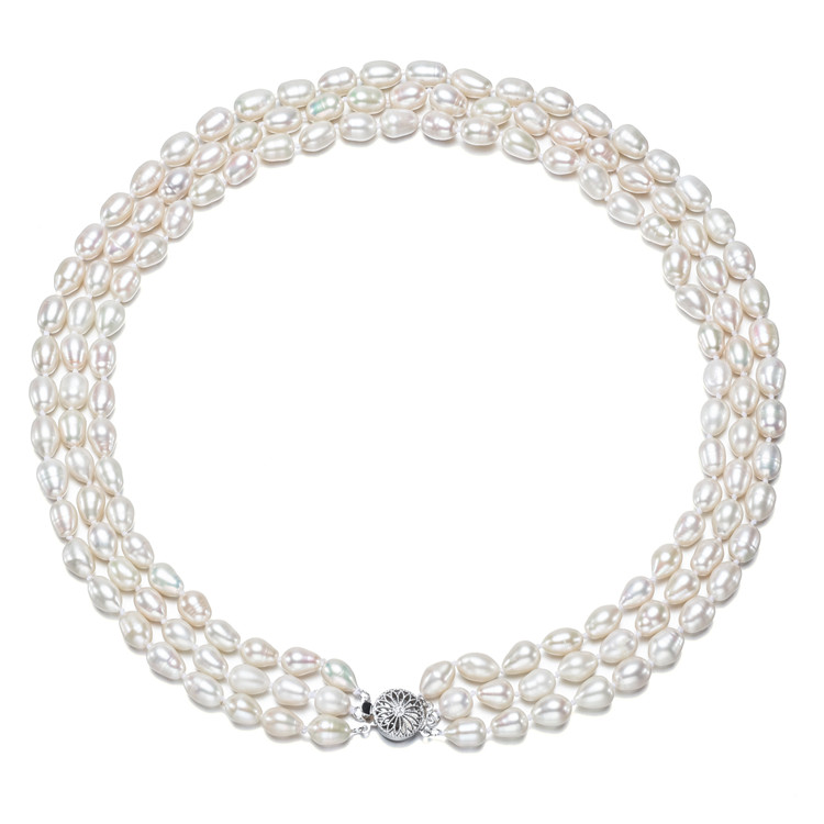 Collar de perlas cultivadas en forma de lágrima de agua dulce, color blanco, con forma de arroz, de 3 hebras, multicapa, 7mm, para boda nupcial