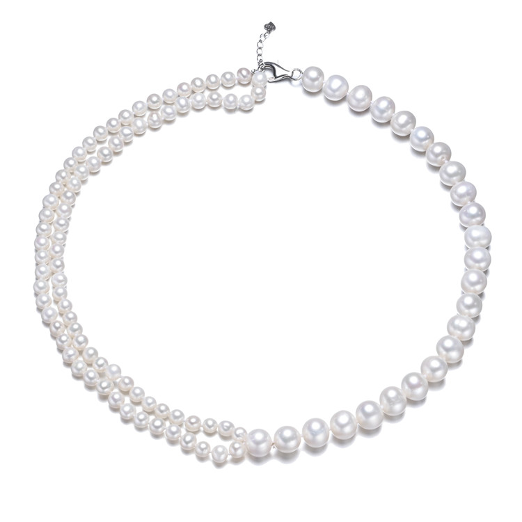 5mm 9mm off round white 2 rows natural freshwater 925 sterling silver double strand pearl necklace