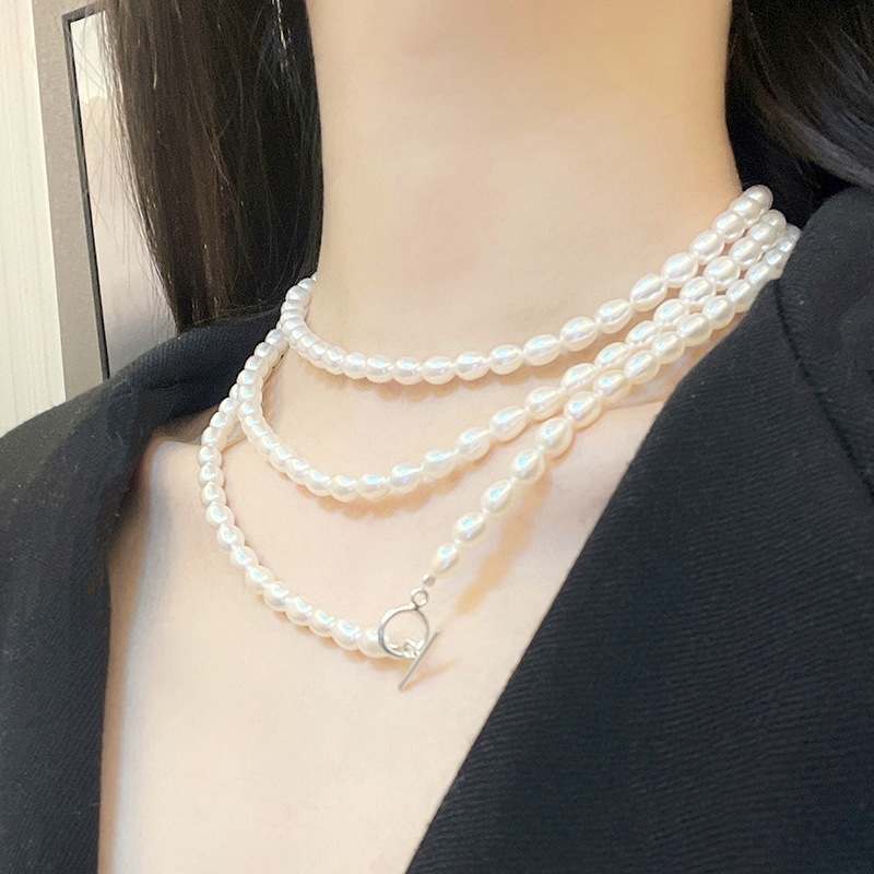 Collar de perlas nupciales de agua dulce naturales, color blanco, Plata de Ley 5, 47 pulgadas de largo, lágrima de arroz de 925mm
