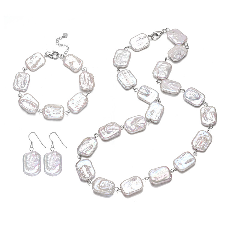 13-14mm AA square pearl set 925silver fitting with genuine pearls necklace bracelet earring set